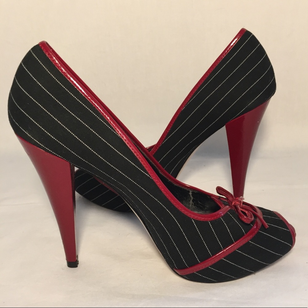 Steve Madden Red Pinstripe Peep Toe Heels Size 7.5